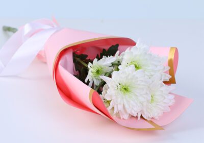 Hand bouquet of white chrysanthemums elegantly wrapped for a pure and graceful flower gift