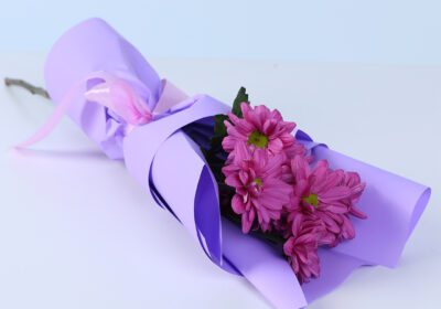Single purple chrysanthemum bouquet wrapped elegantly as a premium flower gift