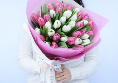 Elegant pink and white tulip hand bouquet wrapped beautifully for gifting