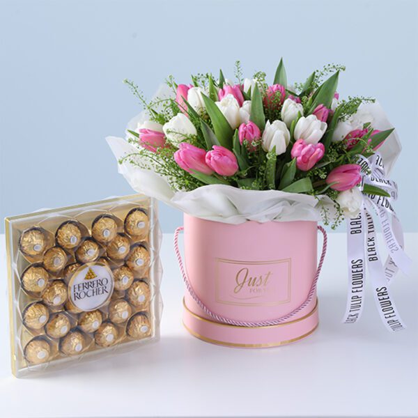 Pink and white tulips in a premium box with 24 Ferrero Rocher chocolates