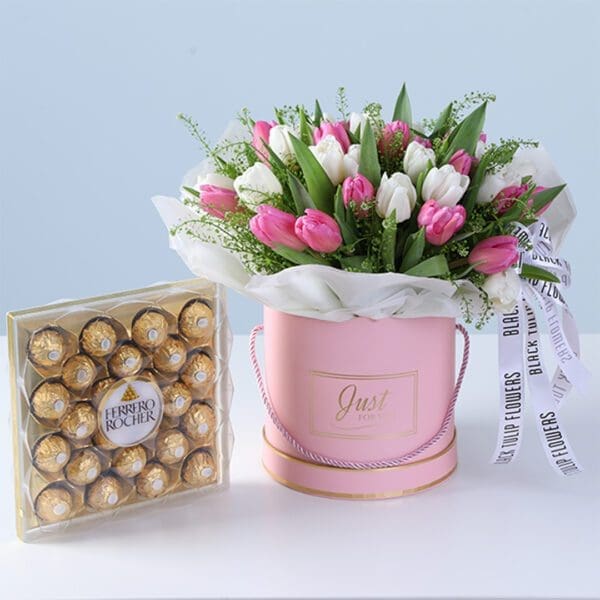 sweet-bloom-indulgence-box-tulips-ferrero Pink and white tulips in a premium box with 24 Ferrero Rocher chocolates