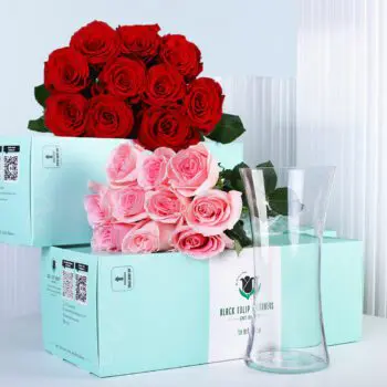 Boxes of red and pink rose bunches displayed in mint packaging with an empty glass vase placed next to them.