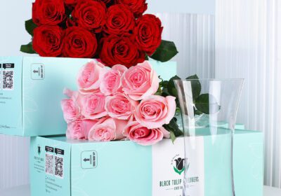 Boxes of red and pink rose bunches displayed in mint packaging with an empty glass vase placed next to them.