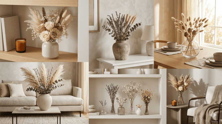 Elegant dried flower arrangement with pampas grass, lavender, baby’s breath, and dried roses in a ceramic vase