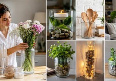 Elegant glass flower vase reused as a cozy candle holder with warm lighting in a modern living room