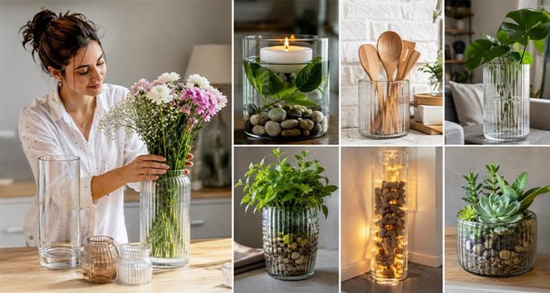 Elegant glass flower vase reused as a cozy candle holder with warm lighting in a modern living room