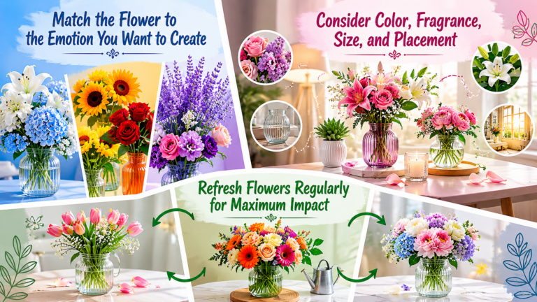 Bright and colorful mood-boosting flowers arranged beautifully in a cozy indoor space, illustrating expert tips for choosing flowers that promote happiness, relaxation, positivity, and emotional well-being.