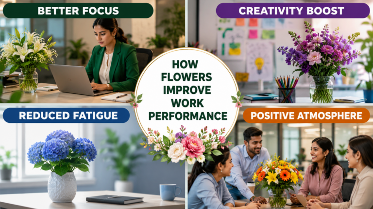 Fresh flowers displayed in a modern office workspace, representing how flowers improve work performance by increasing focus, creativity, productivity, and creating a positive and stress-free environment.