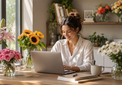 Fresh flowers arranged in a modern workspace, symbolizing how flowers improve mood, reduce stress, boost creativity, and enhance work performance in office environments.