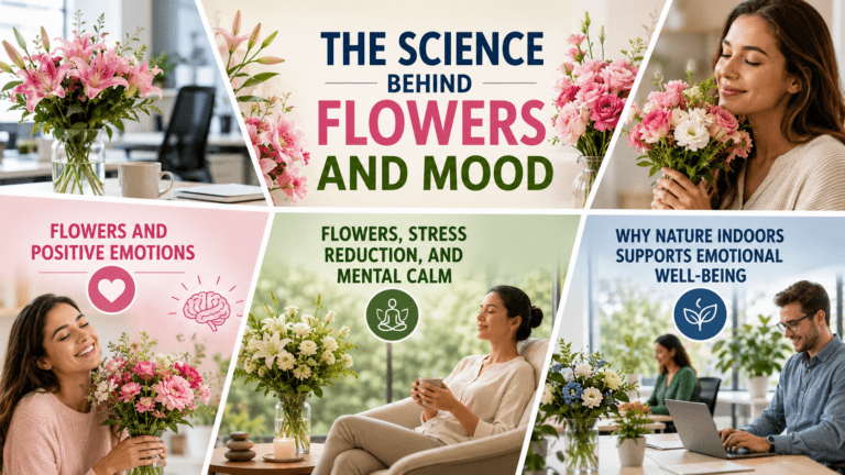 Fresh colorful flowers placed in a calm indoor setting, illustrating the science behind flowers and mood by showing how natural beauty and floral scents can reduce stress, improve emotional well-being, and create a positive atmosphere.