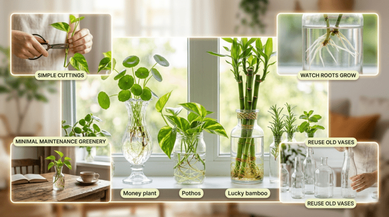Clear glass vases displaying fresh green plant cuttings on a bright modern windowsill