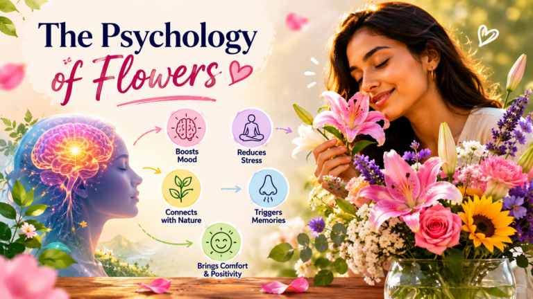 Colorful fresh flowers arranged in a bright indoor workspace, representing the psychology of flowers and their positive effects on mood, emotions, relaxation, creativity, and work performance.