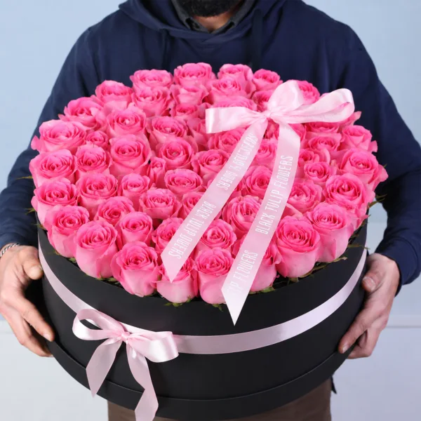 classic-rose-arrangement-box Classic Rose Arrangement Box featuring 70 pink roses arranged in a clean, minimal, and elegant floral box design for gifting and décor