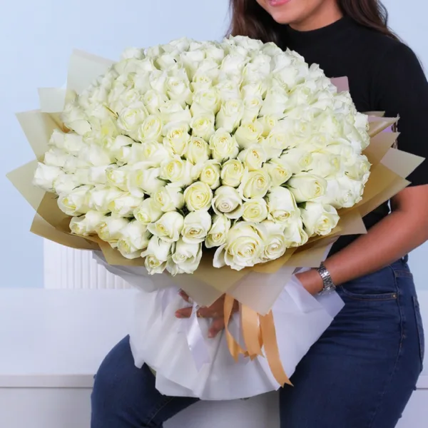 Luxury White Rose Bouquet featuring 100 premium white roses arranged in a grand elegant bouquet for gifting and special occasions