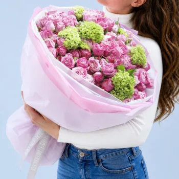 Natural Serenity Flower Bouquet featuring dark pink bombastic spray roses and viburnum arranged in a calm and fresh garden-style floral design