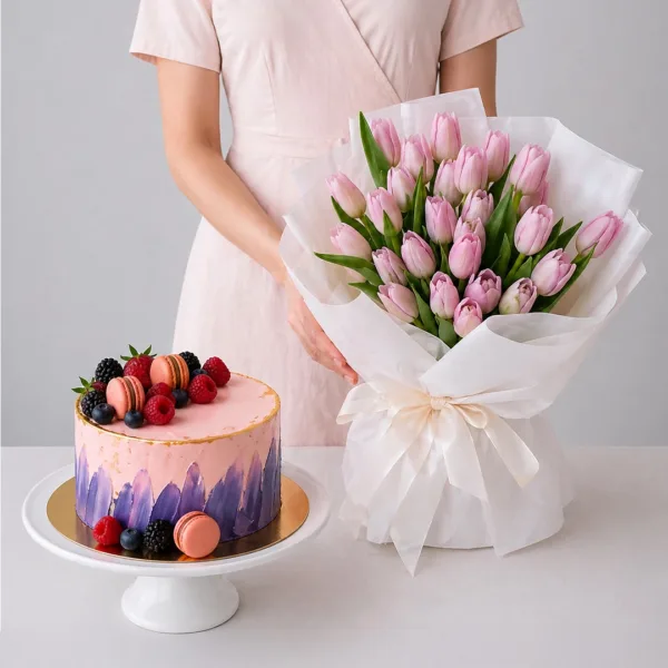 pink-tulips-cake-combo Pink Tulips Cake Combo featuring 20 pink tulips paired with a 1kg purple berry cake for gifting and celebrations