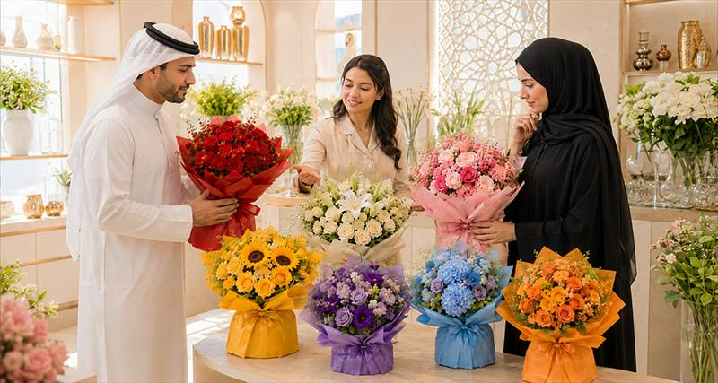 A vibrant selection of flower bouquets in different colours, showing how red, pink, white, yellow, and mixed blooms suit different gifting occasions and emotions.