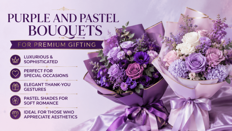 Luxurious purple and pastel flower bouquets arranged elegantly, perfect for premium gifting, celebrations, anniversaries, and sophisticated special occasions.