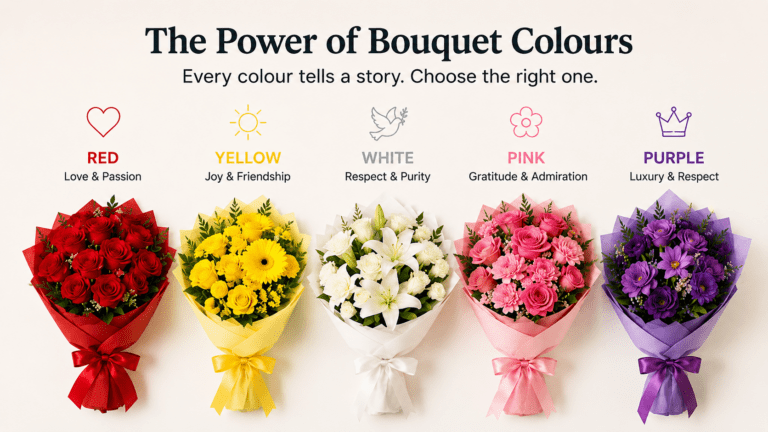 Elegant flower bouquets in a variety of colours, highlighting how each bouquet colour conveys different emotions and meanings for thoughtful gifting.