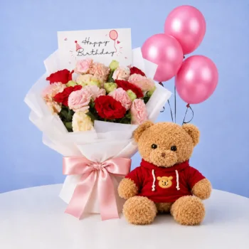 Birthday Bouquet Teddy Combo featuring a bouquet of fresh roses and carnations paired with a 40cm red jacket teddy bear for birthdays and special celebrations.