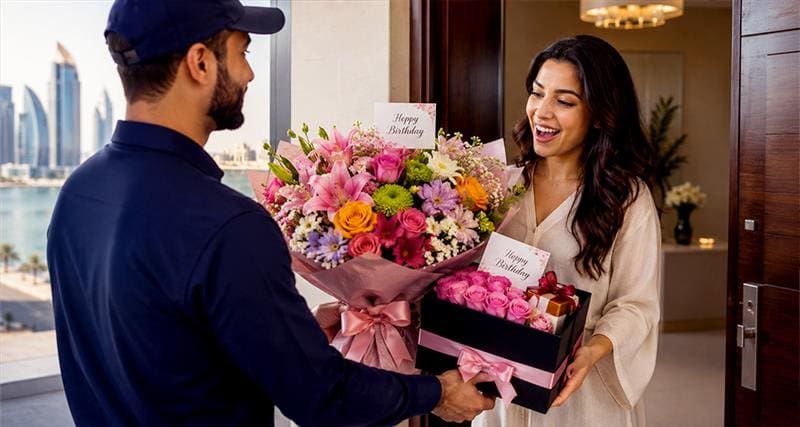 A delivery executive presents a colorful birthday flower bouquet and a pink rose gift box to a smiling woman at her doorstep in Doha, celebrating a special birthday surprise