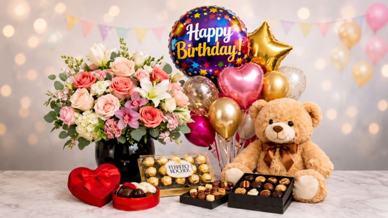 Best Last-Minute Birthday Gift Ideas in Doha featuring a vibrant floral bouquet, Happy Birthday balloons, teddy bear, Ferrero Rocher chocolates, assorted chocolate boxes, and heart-shaped gift boxes arranged for a festive birthday celebration.
