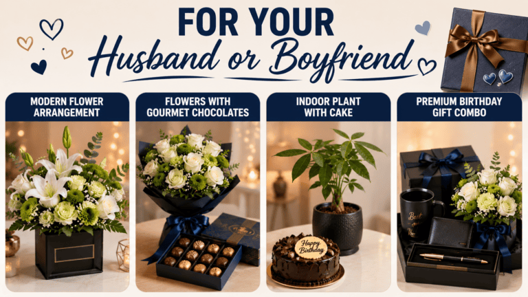 Birthday gift ideas for your husband or boyfriend featuring modern flower arrangements, chocolates, cake, indoor plants, and premium gift combos.