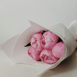 Pink Peonies small bouquet of five delicate pink peonies is wrapped in soft, white tissue paper.