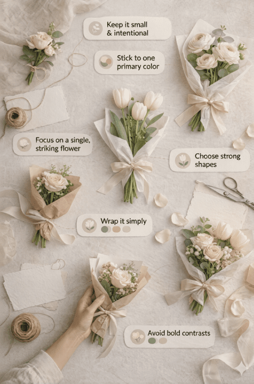 A person with a bouquet of flowers writes instructions, combining floral beauty with practical task management.
